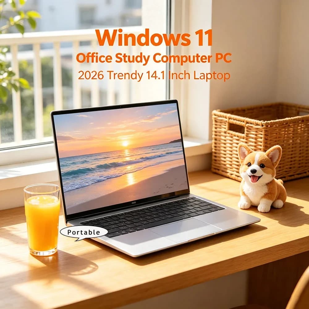 Notebook de 14.1 polegadas com tela HD, teclado preto e corpo prateado, ideal para escritório.