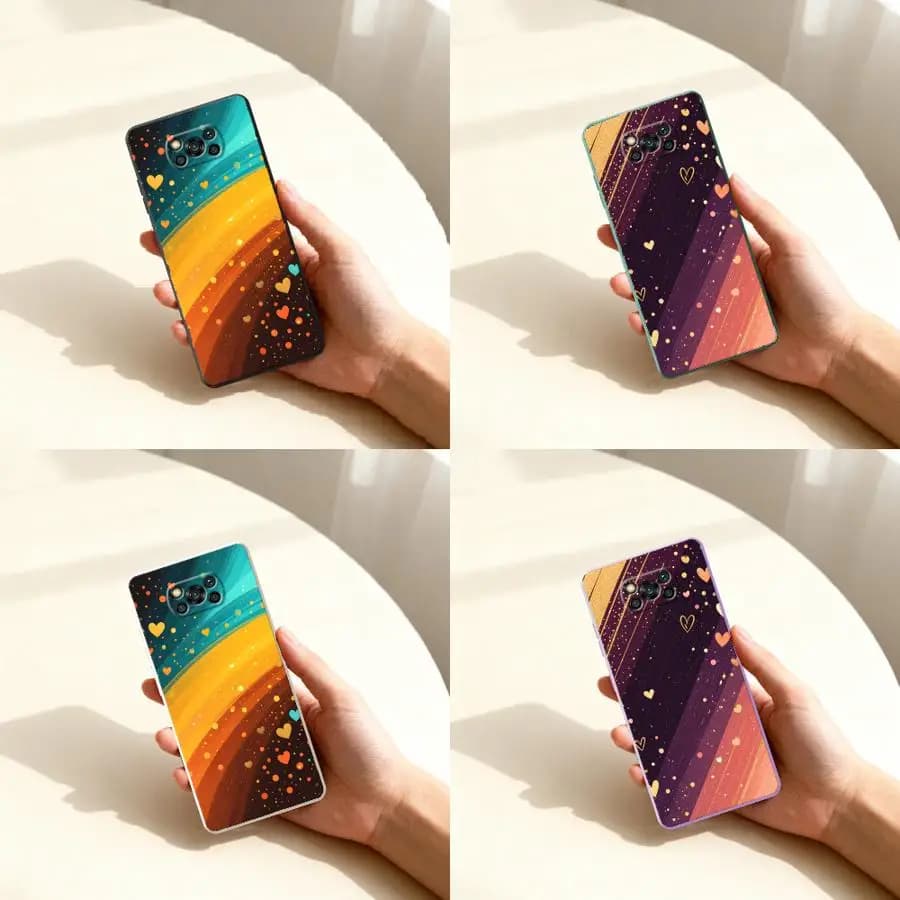 Capa para Xiaomi Poco com design colorido de corações e arco-íris em mãos, vista frontal e traseira