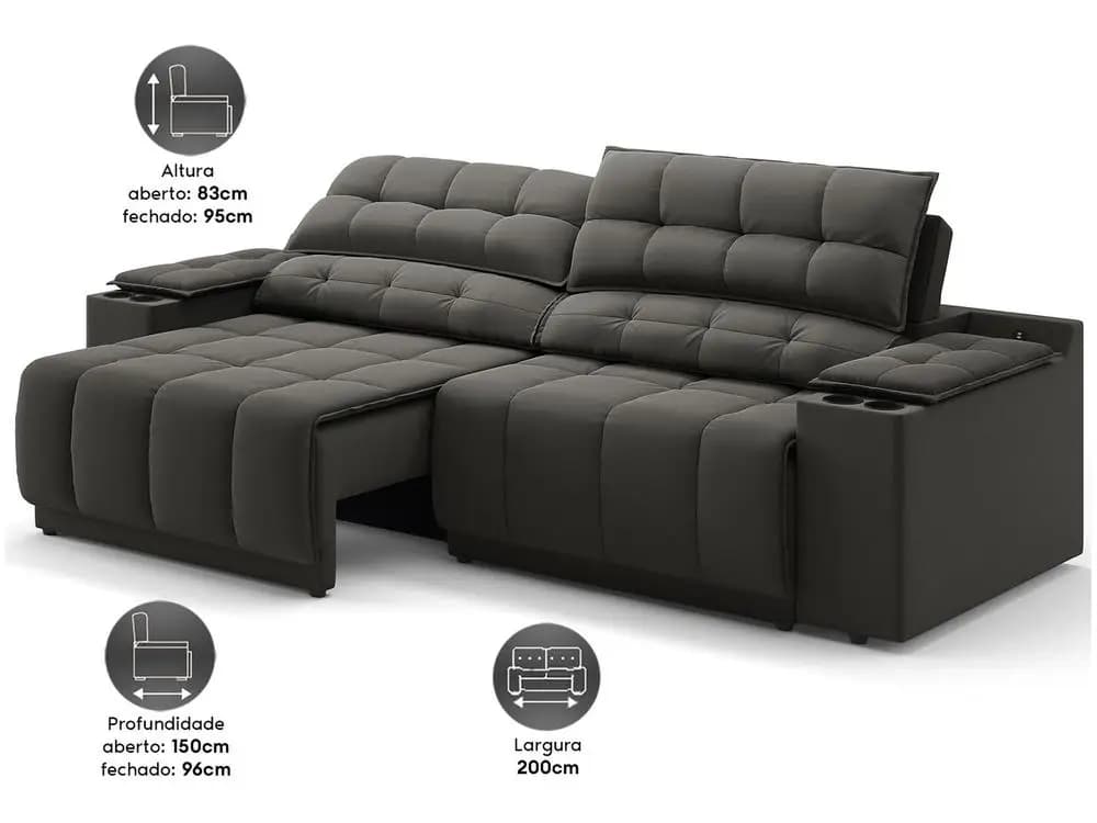 Sofá reclinável de três lugares em velosuede preto, design moderno.