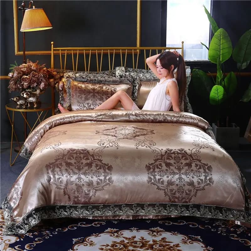 Conjunto de cama clássico europeu king bege com estampa jacquard floral e tecido brilhante em tencel modal