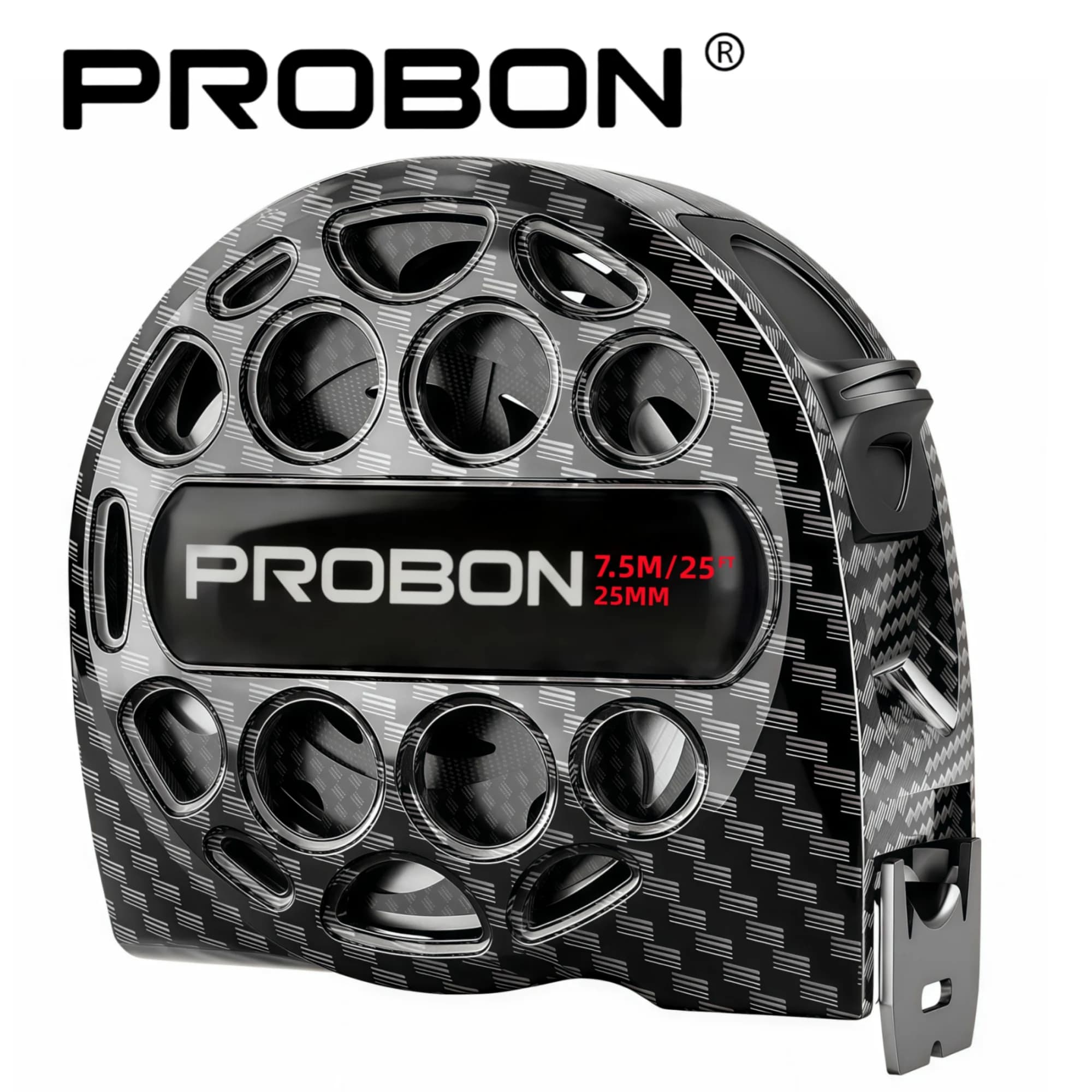 Fita métrica PROBON com design oco, acabamento em carbono, marca e medição de 7,5M/25' (25mm)