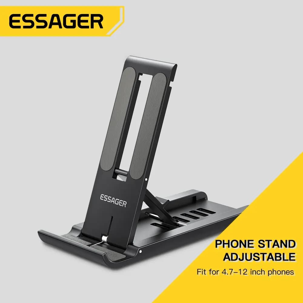 Suporte de mesa portátil Essager preto, dobrável para celulares, compatível com iPhone 13 Pro Max e iPad.