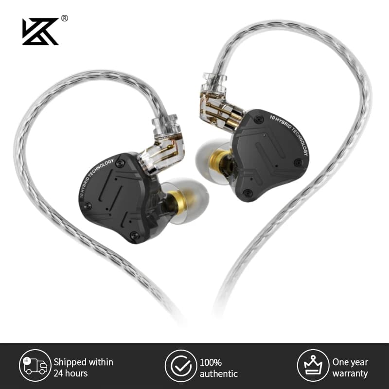 Fone de ouvido intra-auricular KZ-ZS10 PRO X, com cancelamento de ruído e design metálico preto e dourado.