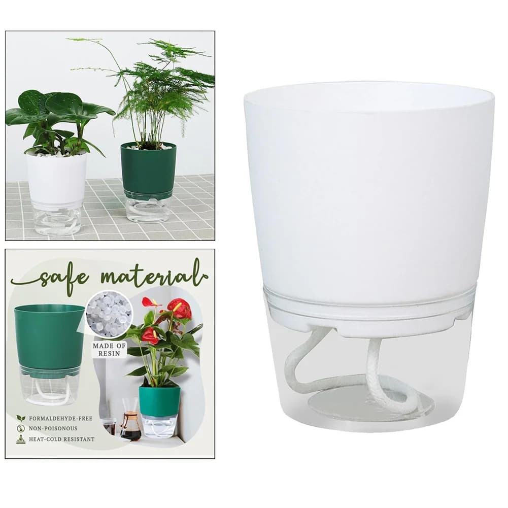 Vaso hidropônico preguiçoso transparente com camada dupla, verde e branco, para absorção de água e rega automática.