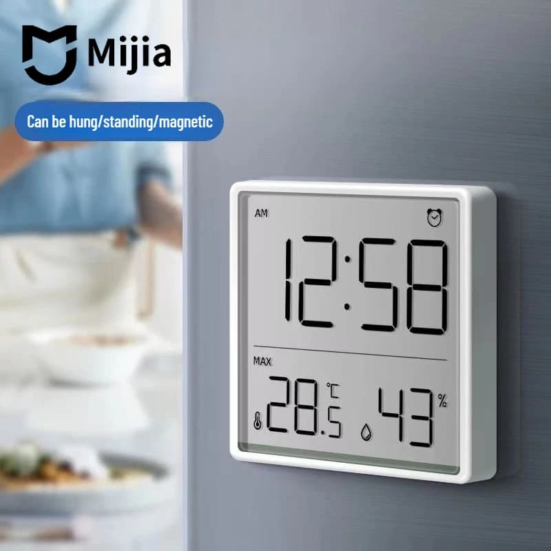 Termômetro e higrômetro multifuncional Mijia com display digital mostrando hora, temperatura e umidade