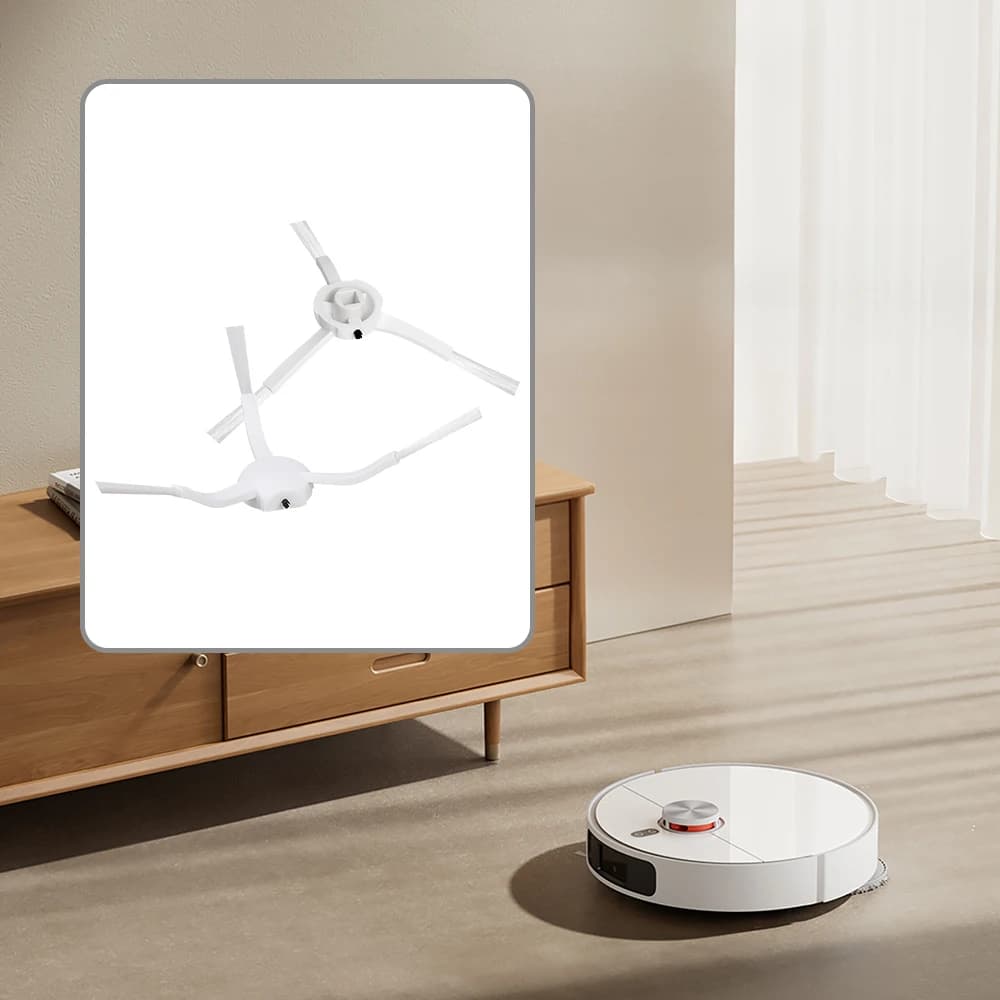 Kit de escovas laterais brancas para aspirador robô Xiaomi 1C em ambiente doméstico, fácil instalação e uso