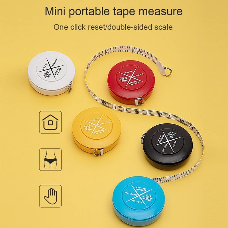 Kit com 4 fitas métricas Wuta mini retrátil em azul, vermelho, amarelo e preto com trava e escala dupla