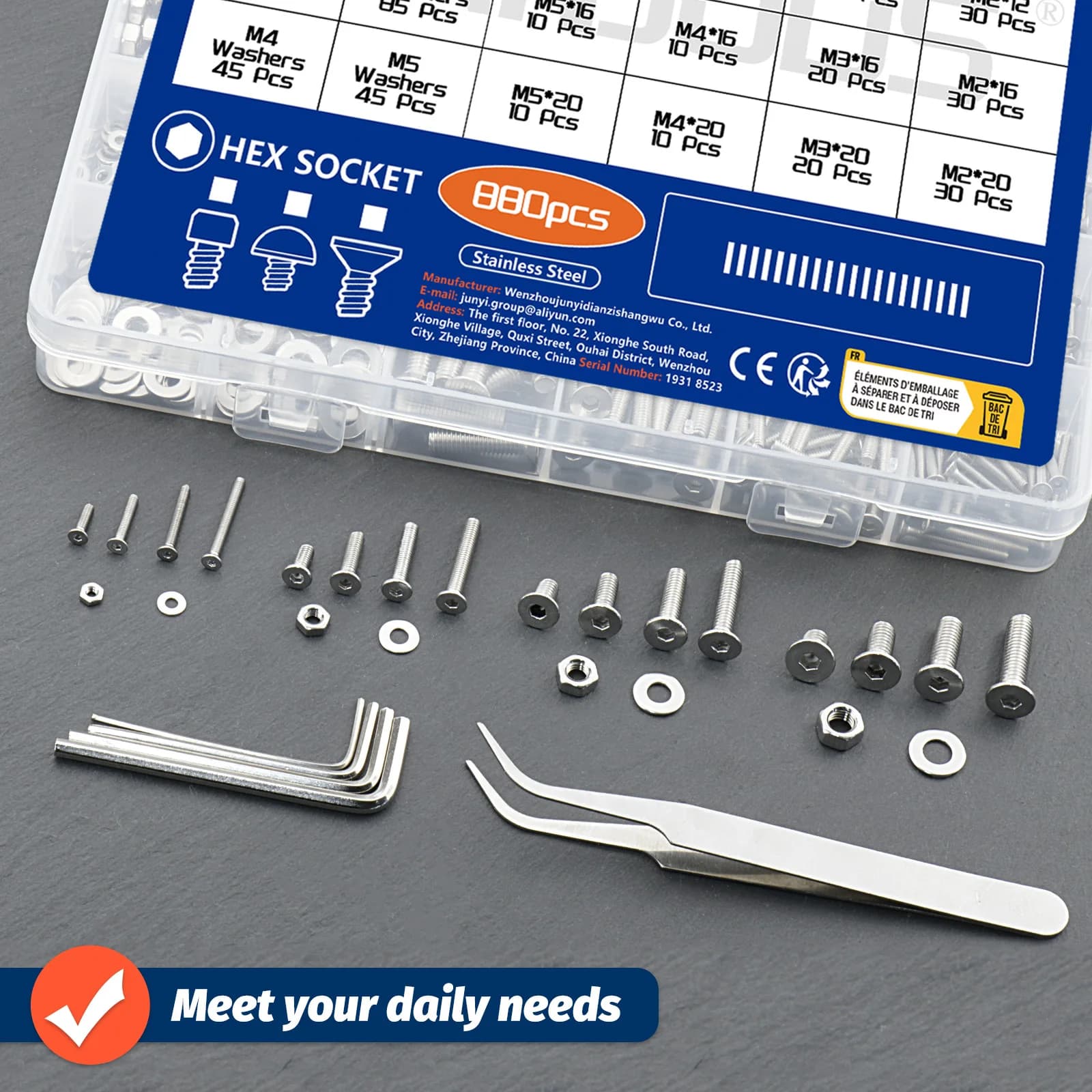 Kit de parafusos de aço inoxidável 304 com 880 peças em compartimentos transparentes