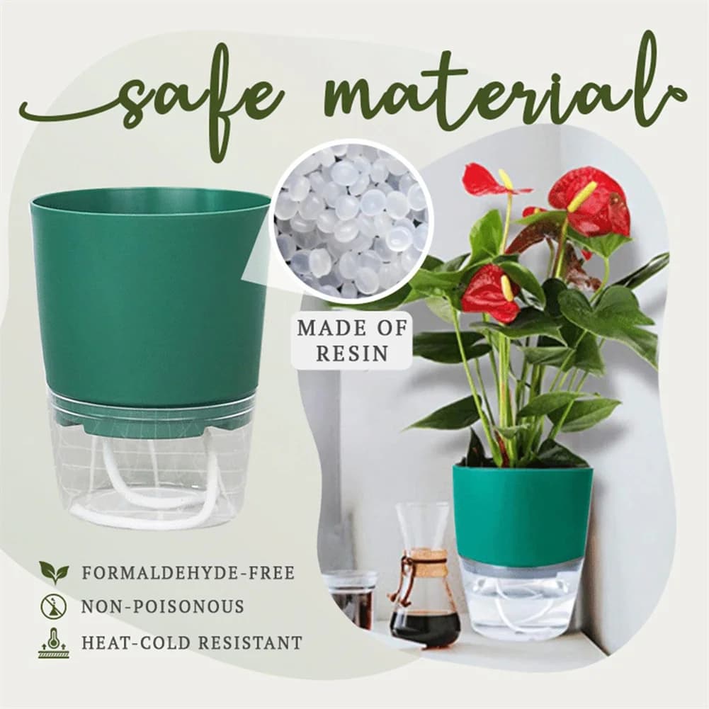 Vaso autoirrigável verde feito de resina segura, resistente a calor e frio, com planta vermelha
