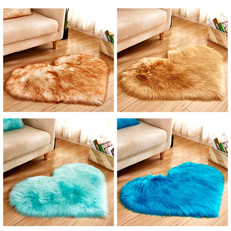 Tapete Jácotei Coração peludo antiderrapante vermelho e azul, kit 3 peças, decoração aconchegante