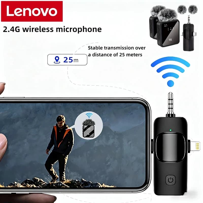 Microfone lavalier sem fio Lenovo para smartphone com alcance de 25m
