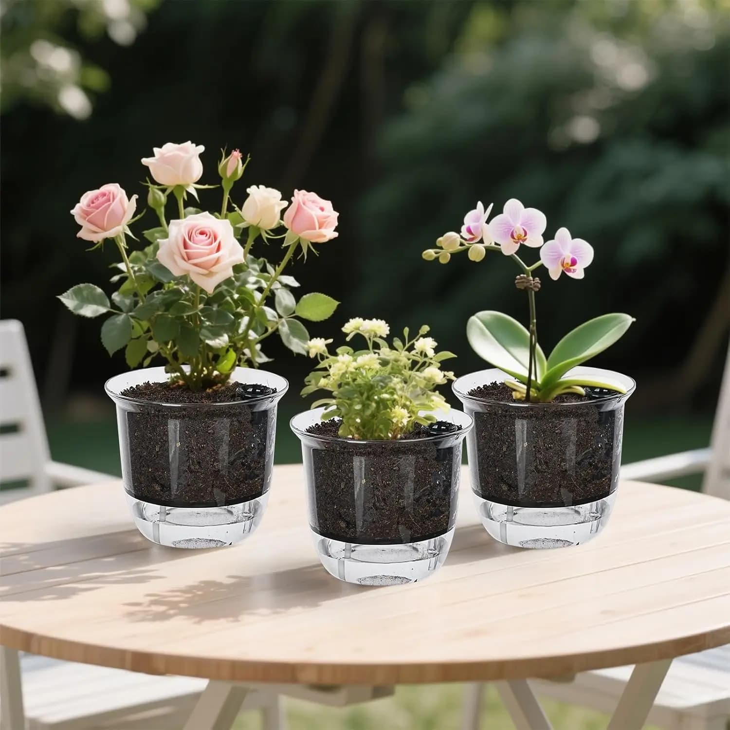 Três vasos autoirrigáveis transparentes camada dupla com flores e plantas decorativas em mesa externa