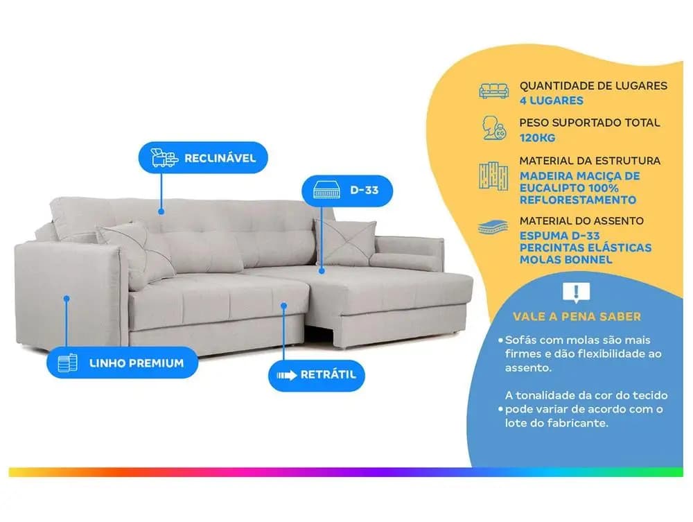 Sofá de canto cinza claro reclinável com design moderno para sala de estar