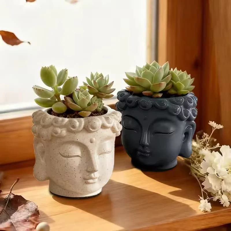 Vasos decorativos Buda em cerâmica branco e preto com plantas suculentas em ambiente iluminado