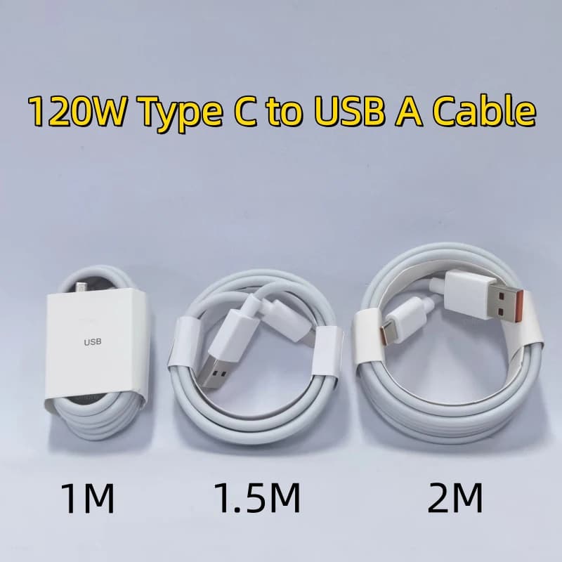 Três cabos USB Tipo C Xiaomi 120W branco com detalhes laranja em tamanhos 1 metro, 1,5 metro e 2 metros