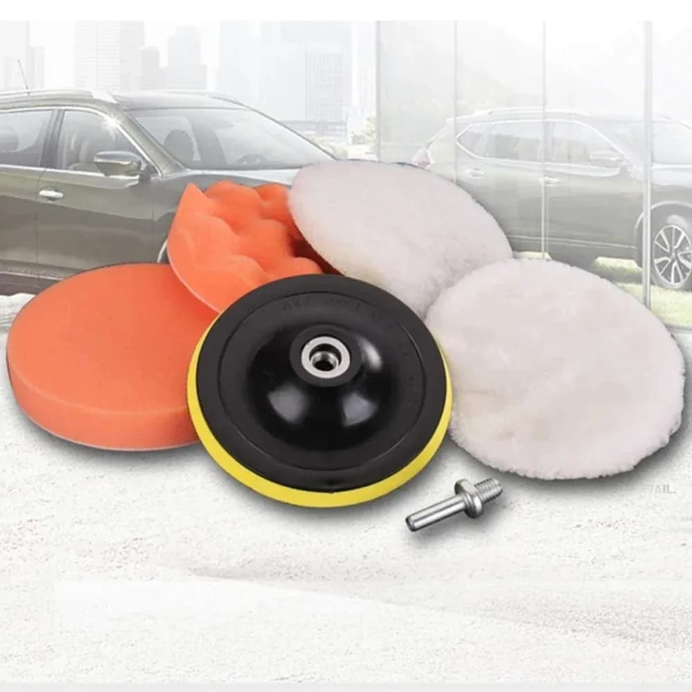 Kit de 6 almofadas de polimento automotivo em lã branca e espuma laranja com base preta e amarela