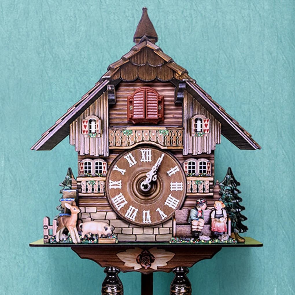 Relógio de parede vintage estilo chalé com pássaro cuco e cena de lenha