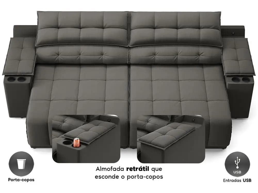 Sofá preto Next Sofás Quebec com almofada retrátil, porta-copos e entradas USB integradas