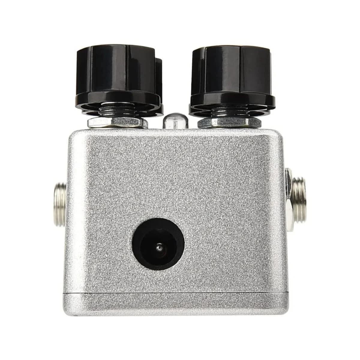 Pedal de efeito compressor Mosky MINI C4 com carcaça metálica cinza e botões pretos visto de cima