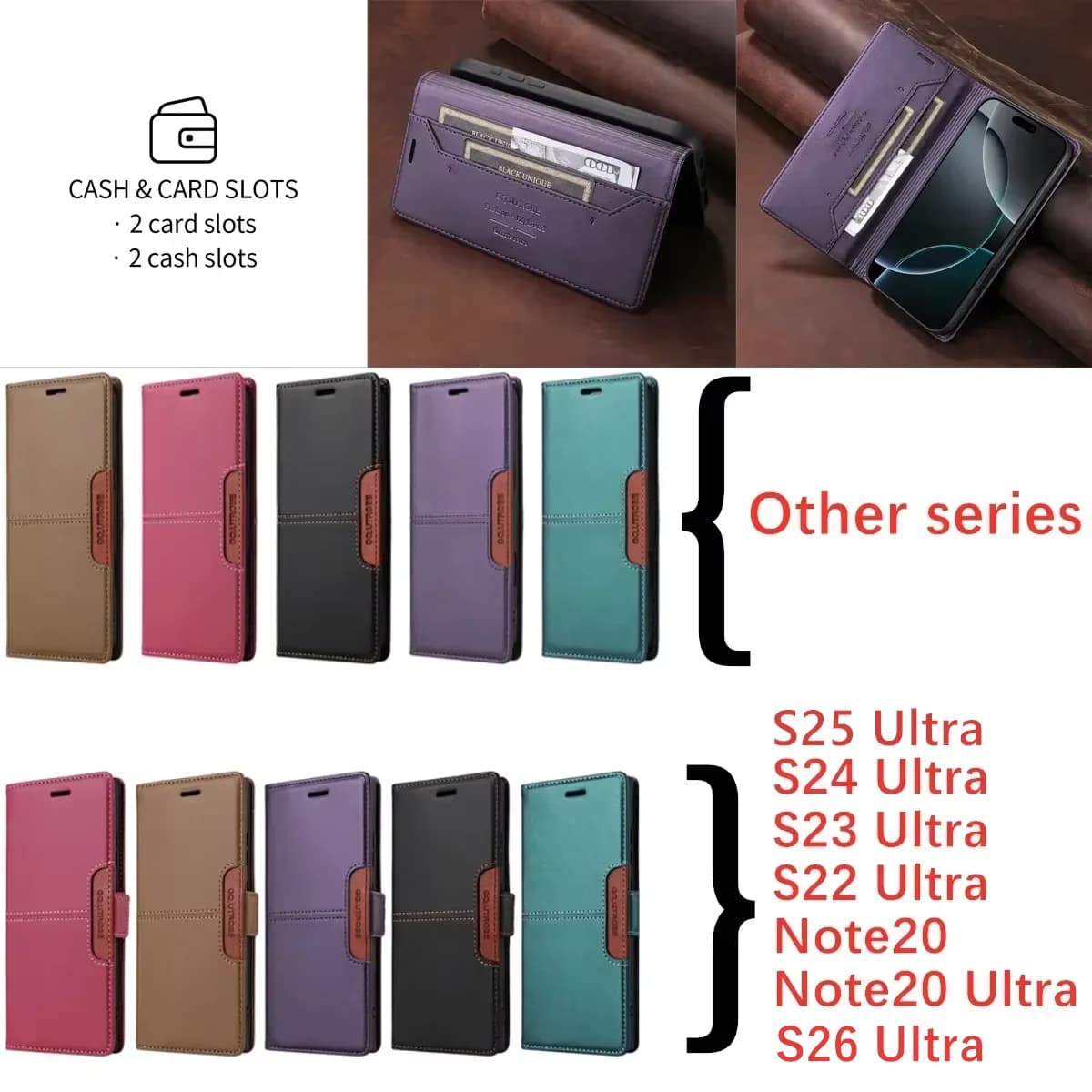 Capa de Couro Flip para Samsung Galaxy S26 S25 S24 S23 FE S22 S21 S20 Plus Note20 Ultra A17 A37 A16 A36 A56 A26, Capa de Telefone com Função de Carteira