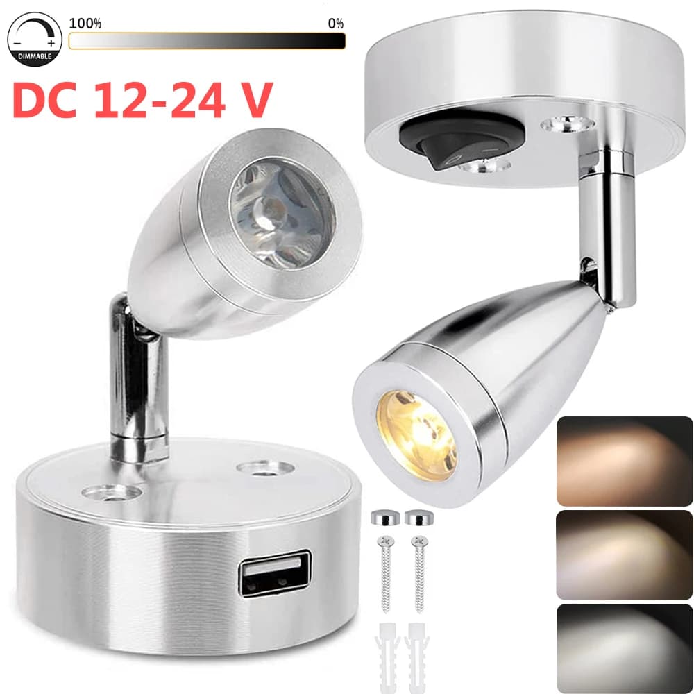 Lâmpada de leitura LED com base articulada e conector USB, brilho ajustável, parafusos e porcas incluídos