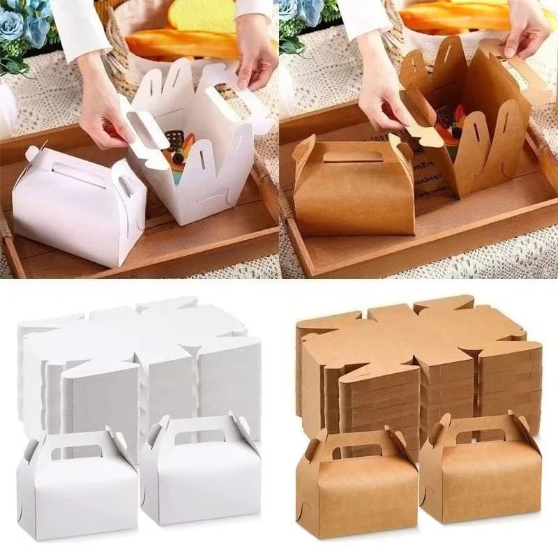Kits de caixas de presente kraft para festa em branco e marrom com alça, desmontadas e montadas