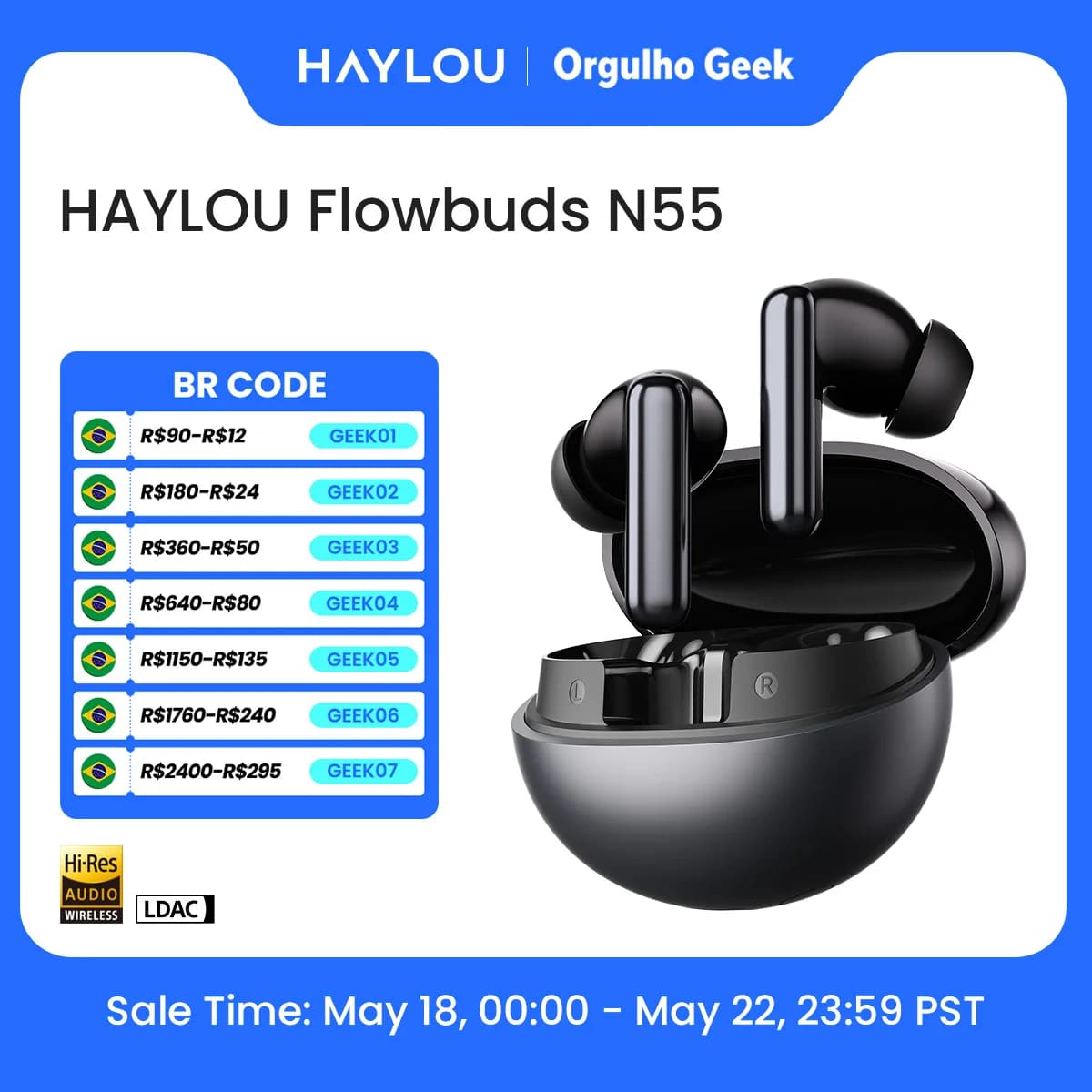 Fones de ouvido sem fio HAYLOU Flowbuds N55 preto com ANC adaptativo