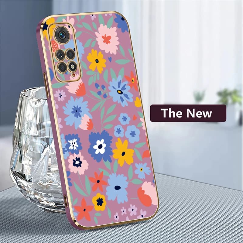 Capa protetora verde floral para Xiaomi Redmi Note 11 com acabamento dourado elegante