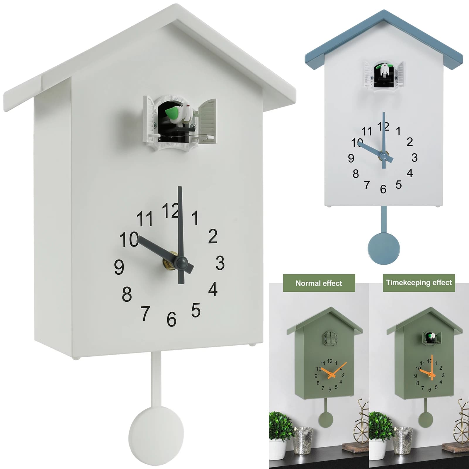Relógio de cuco branco com efeito de tempo, formato de casa de pássaros, temporizador e som de cuco.