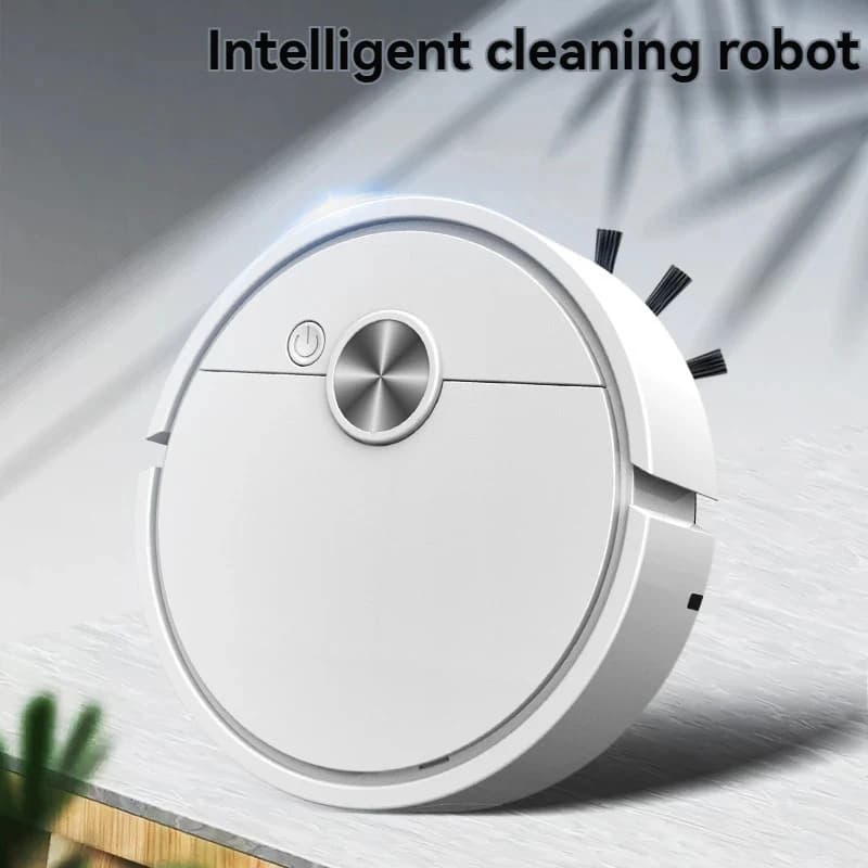 Robô aspirador de pó inteligente branco com design circular e botão central prateado