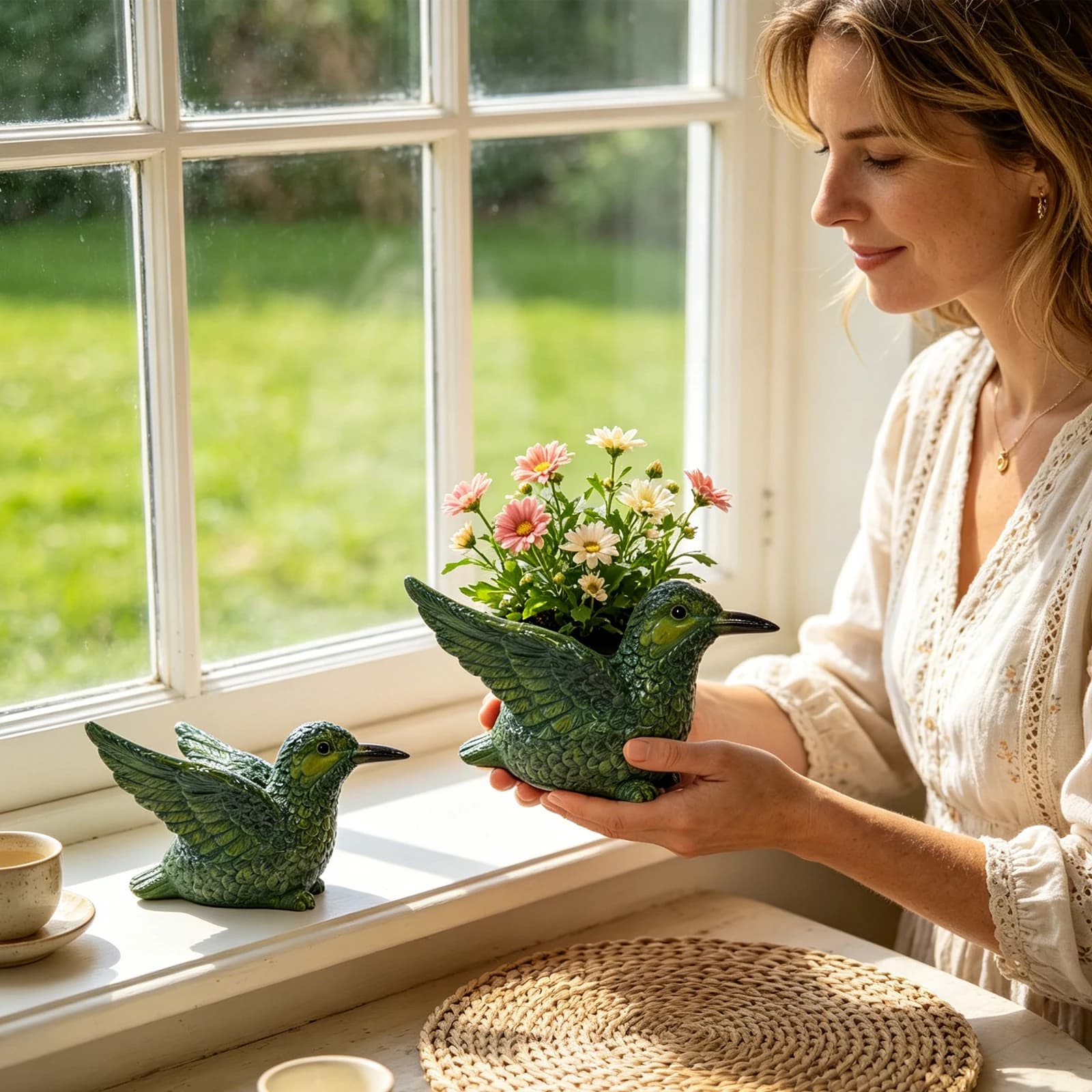 Mulher segurando vaso Green Sparrow verde com flores decorativas ao lado de vaso menor na janela