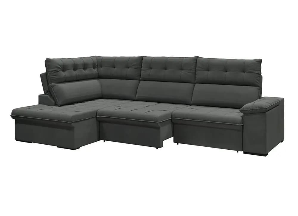 Sofá de canto Flexforma Madrid 6 lugares cinza escuro com design retrátil e reclinável em tecido suede