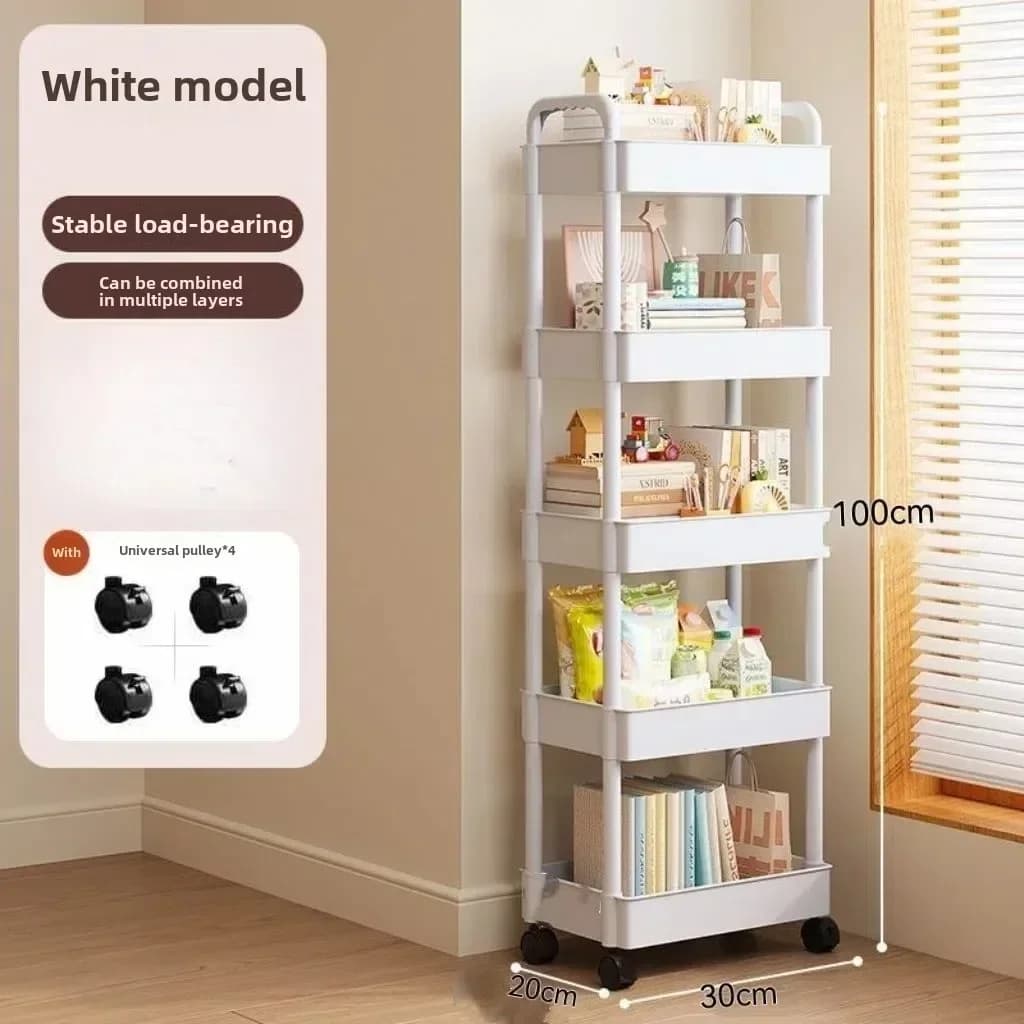 Carrinho de armazenamento multifuncional branco com prateleiras abertas para livros e itens de decoração