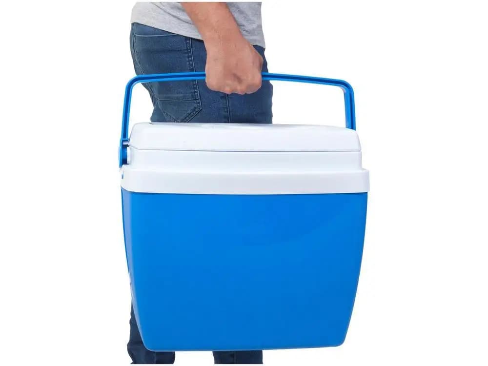 Caixa térmica Mor 26L azul e branca com cabo de transporte