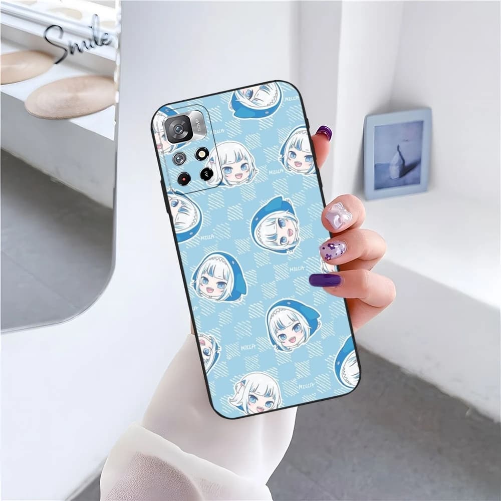 Capa azul para Xiaomi POCO com padrão repetido do personagem anime Gawr Gura em fundo claro