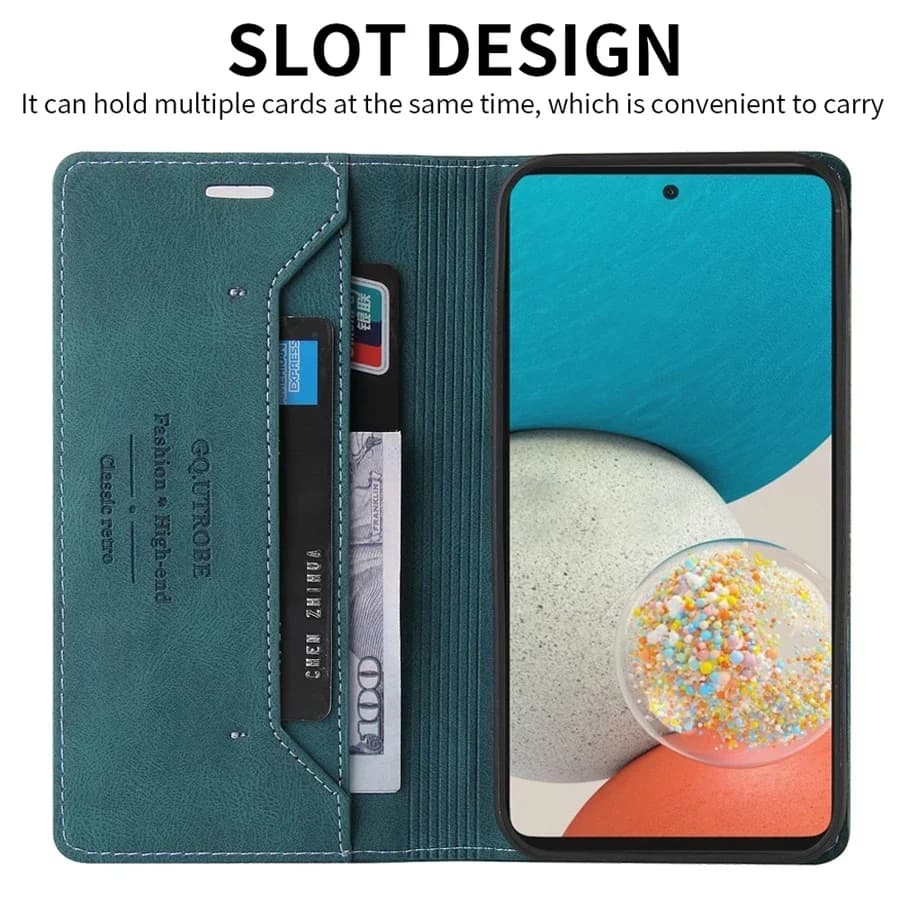 Capa de couro flip verde esmeralda para Samsung com design de carteira e espaço para cartões.