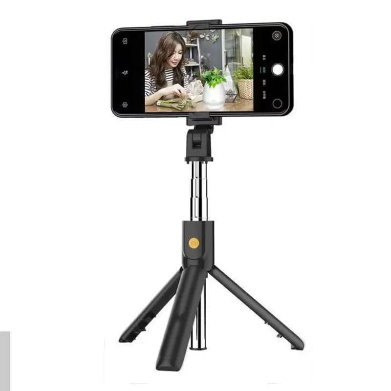 Batao de selfie extensível e retrátil em preto com tripé monopé e controle remoto