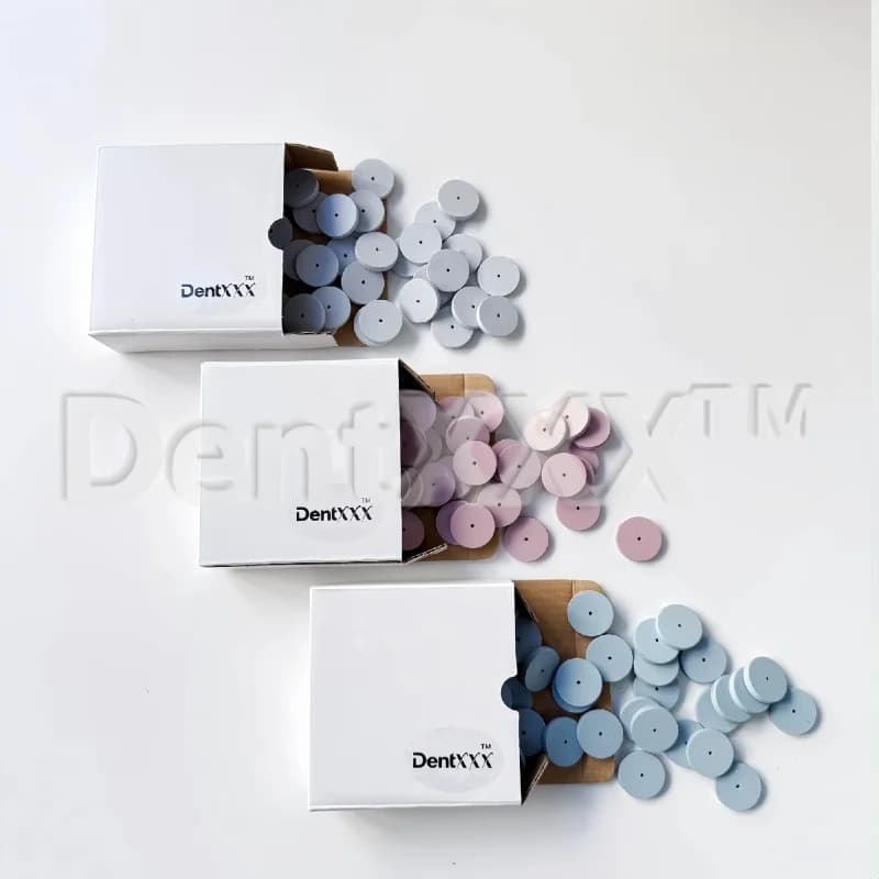 Rodas de polimento de silicone azul, rosa e cinza em caixas brancas DentXXX para uso profissional