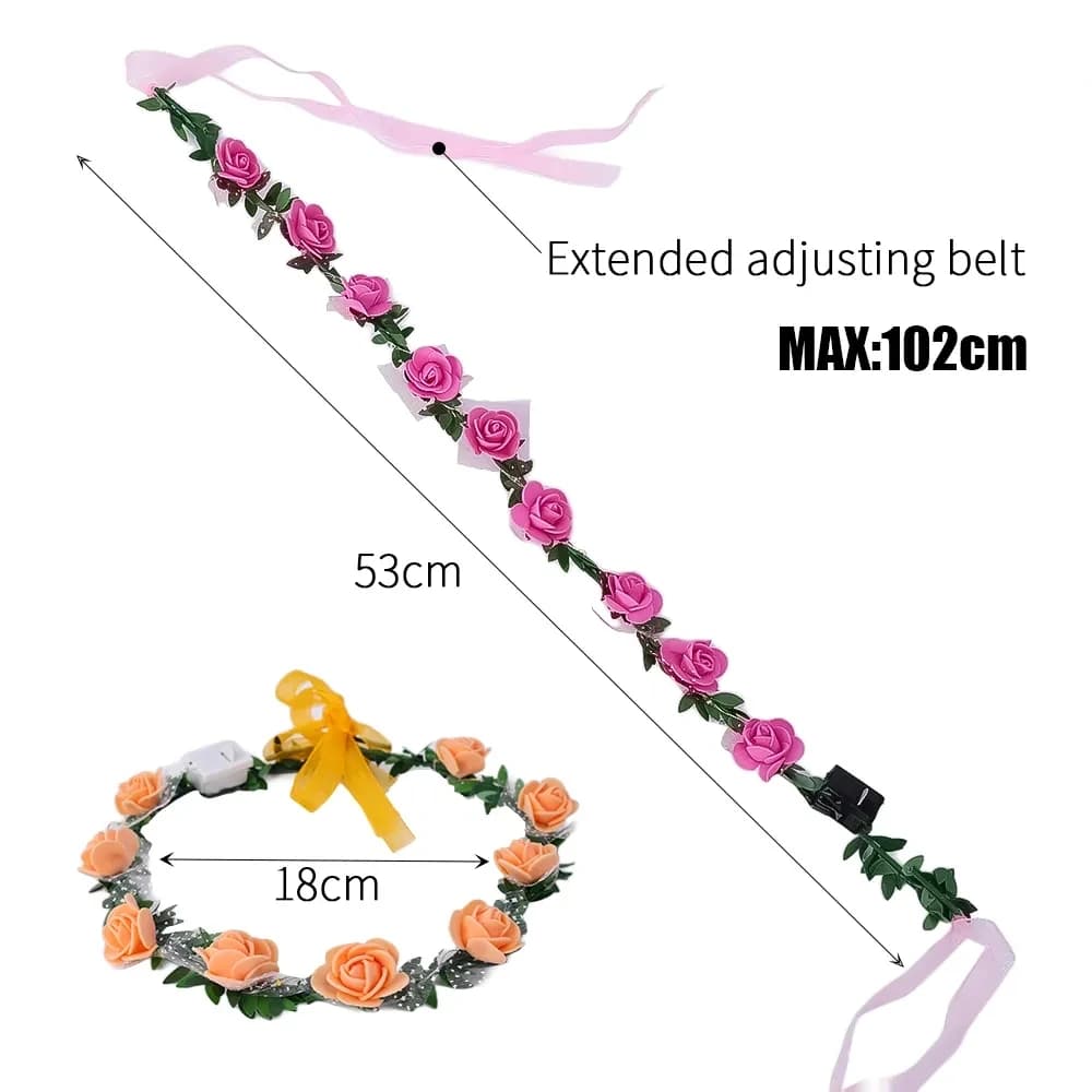 Guirlanda coroa de flores rosa e laranja com fita ajustável e medidas detalhadas