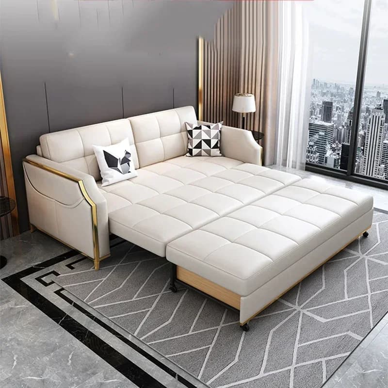 Sofá cama retrátil luxo branco aberto com estrutura metálica dourada em ambiente moderno