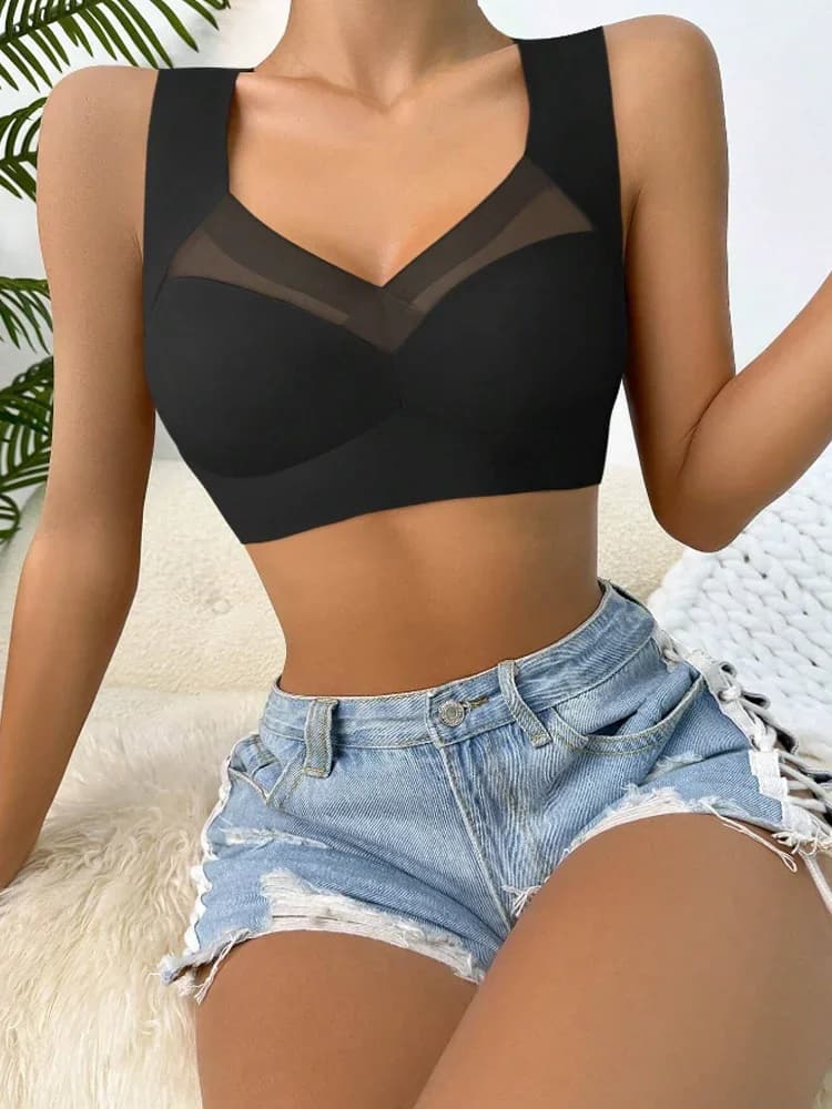 Sutiã sem costura plus size preto com suporte confortável e detalhes em tule