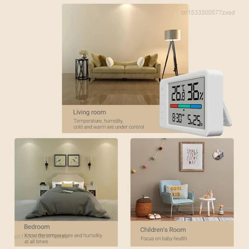 Termômetro higrômetro digital branco com display grande em ambientes sala, quarto e quarto infantil