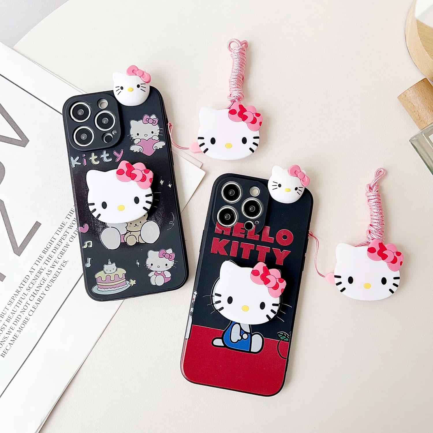 Capas para celular Xiaomi Redmi 8 com estampa Hello Kitty, suporte e cordão rosa