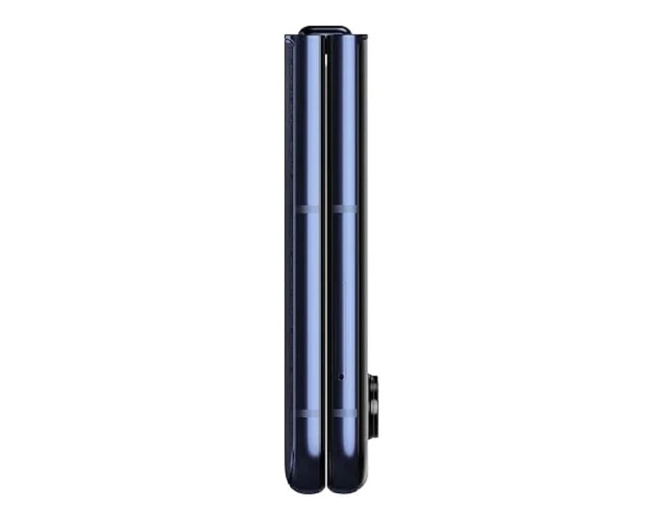 Motorola Moto Razr 60 5G azul dobrado visto de lado com câmera saliente