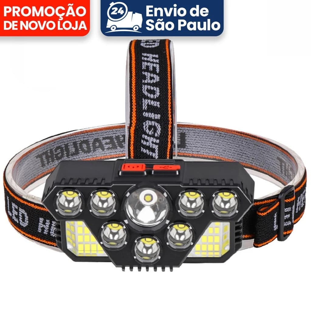 Lanterna de cabeça para capacete com bateria recarregável, 3 níveis de iluminação, múltiplos LEDs, cabo USB, bateria carregada