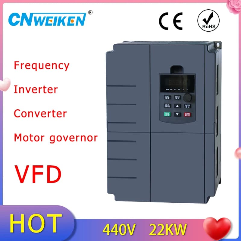 Conversor de frequência VFD CNWEIKEN 22kW para motor trifásico 440V com display digital e botões de controle
