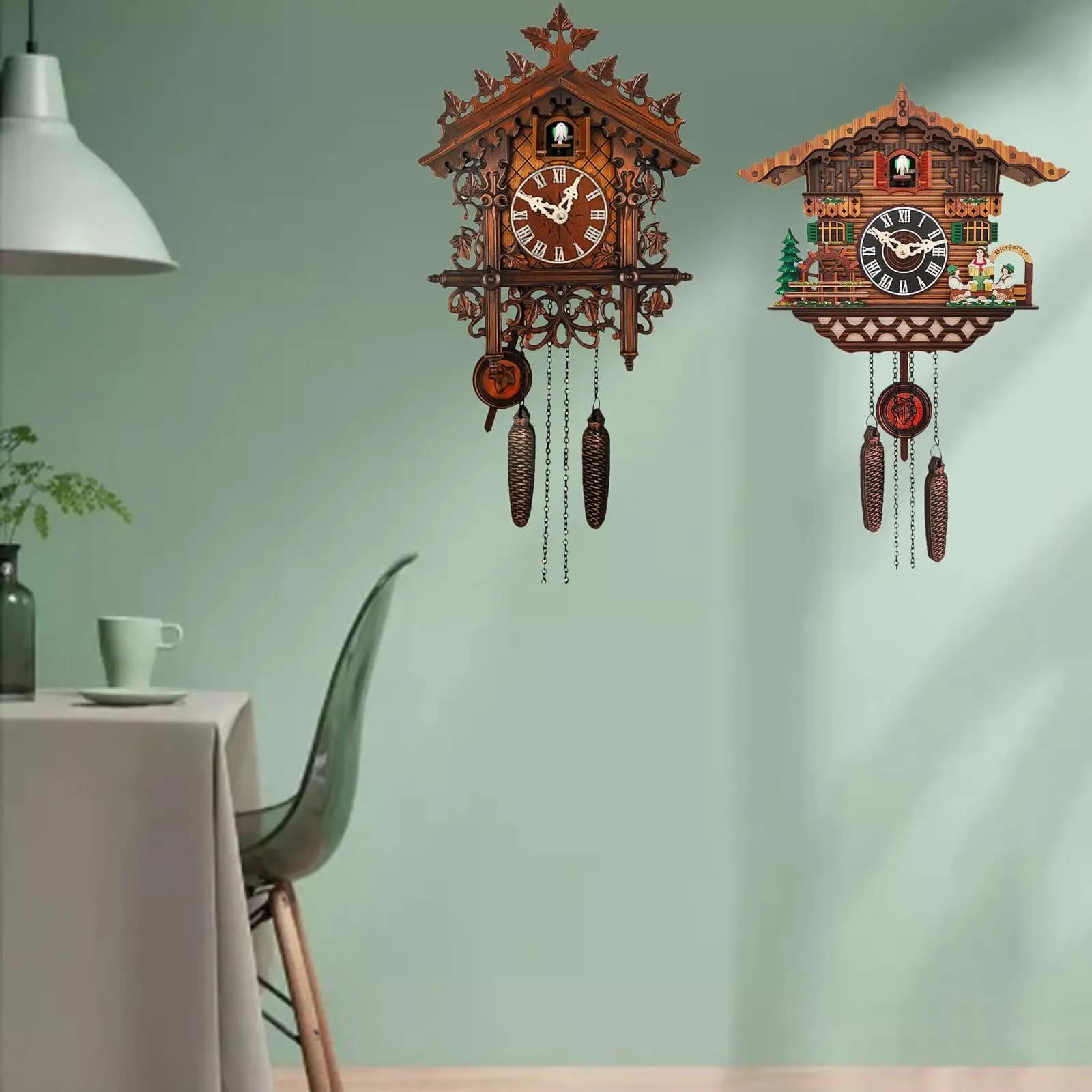 Relógios de parede estilo cuco com detalhes artesanais e cenas de floresta