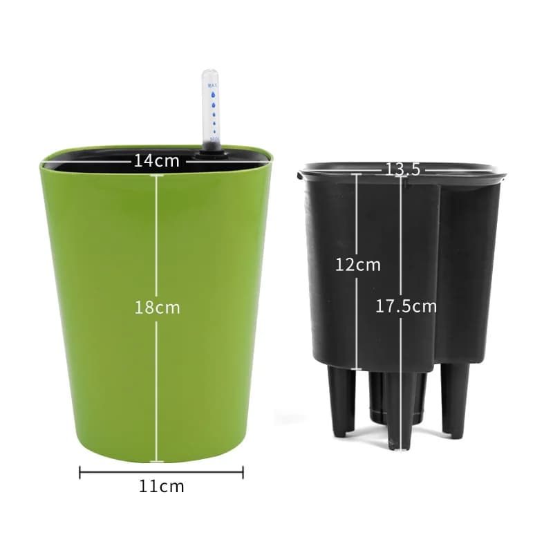 Vaso de plantas plástico verde autoirrigável com indicador de nível e dimensões para uso doméstico