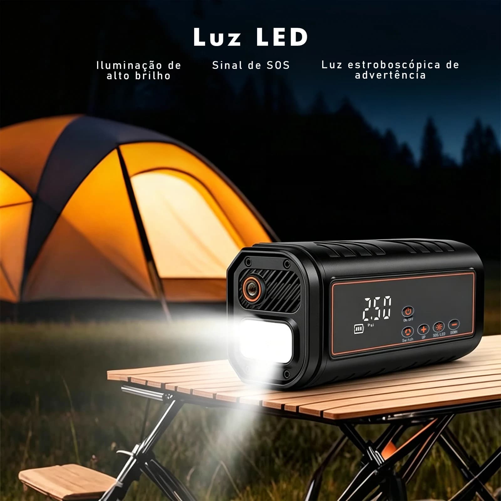 Power Bank com Compressor de Ar para Carro 2 em 1 Arranque de Emergência 8000mAh Inflador de Pneus Luz SOS Carregamento Tipo-C