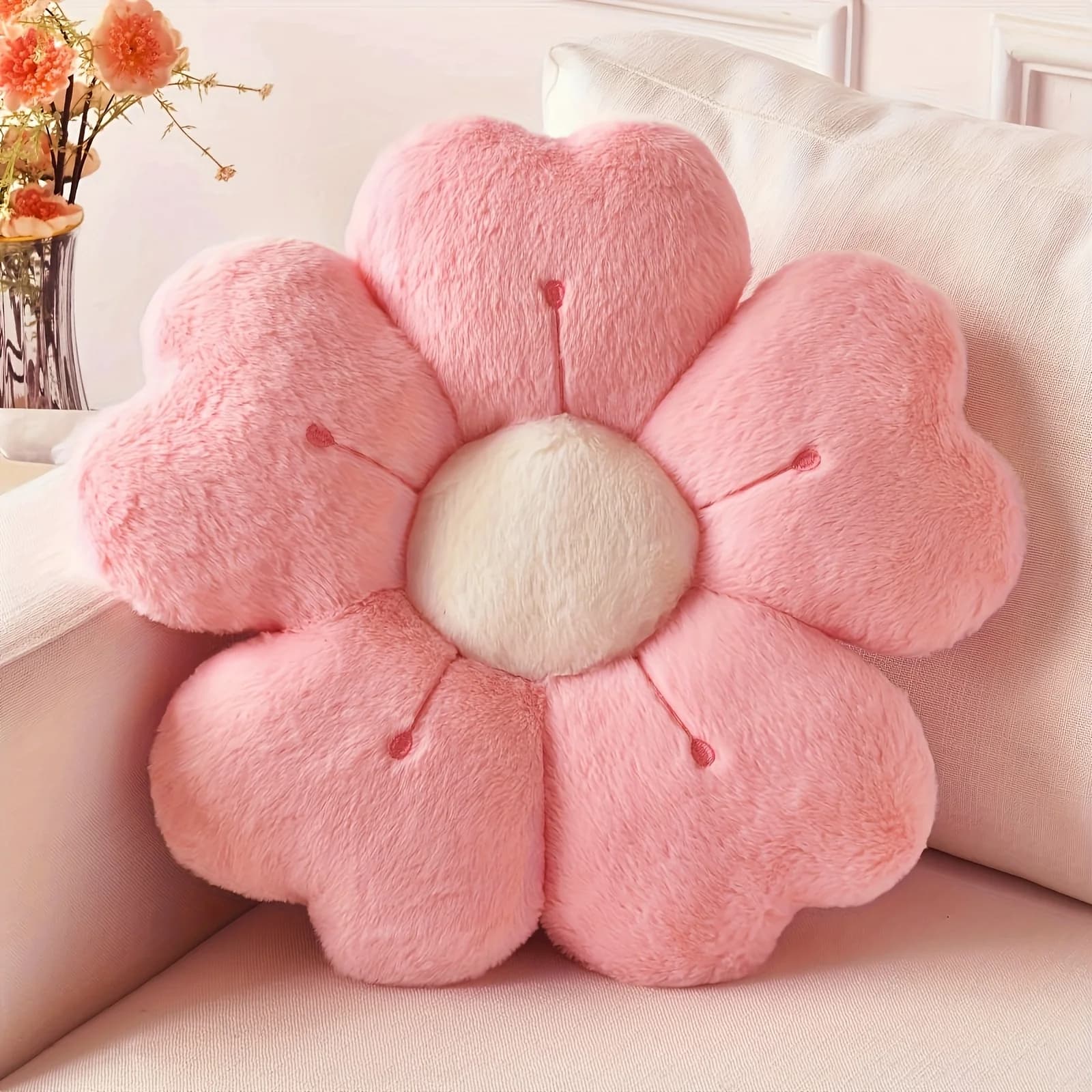Almofada decorativa em forma de flor de margarida rosa para cama e sofá